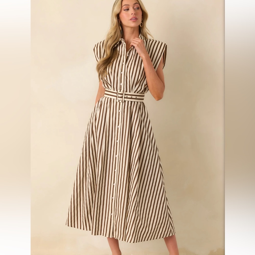 Tan and Cream Striped Midi Dress